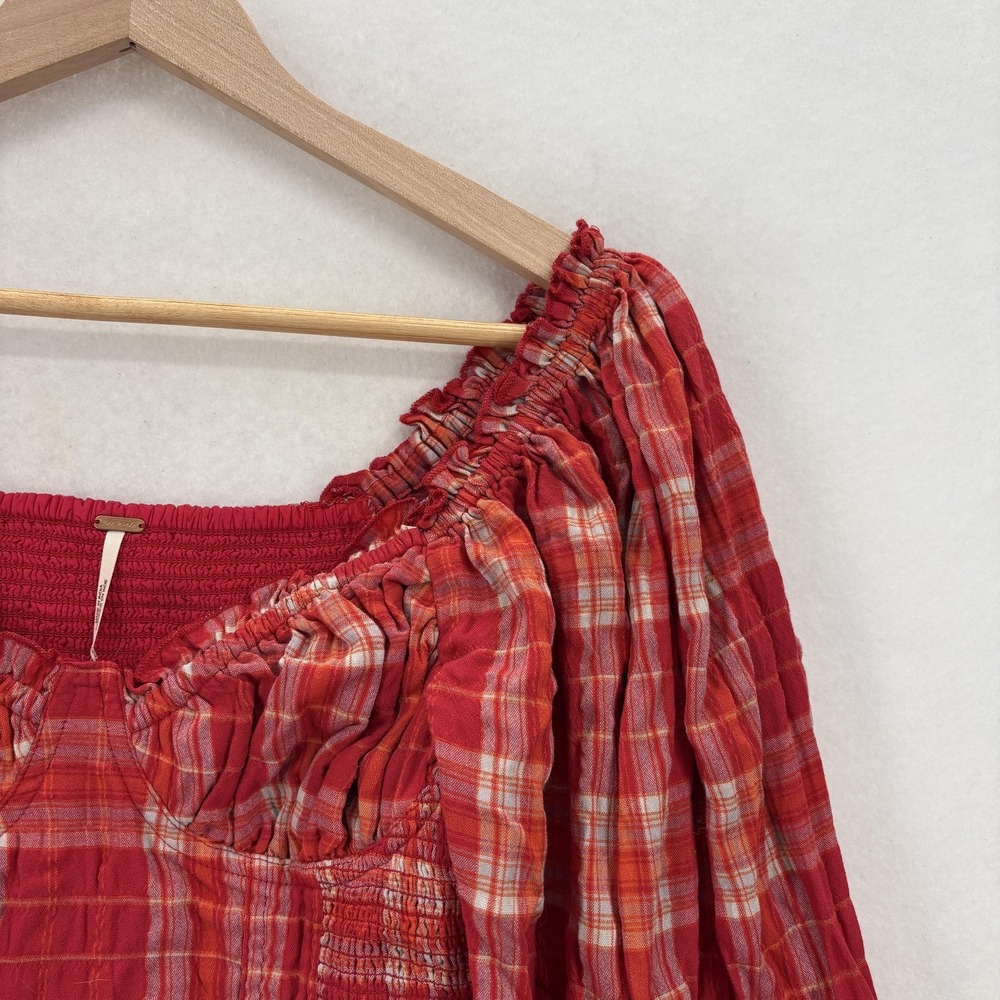 Free People Cherry Bomb Blouse Womens XS Red Plaid Off Shoulder Crop Babydoll - Picture 2 of 14